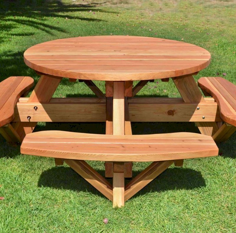 Round Wooden Picnic Table With Attached Benches