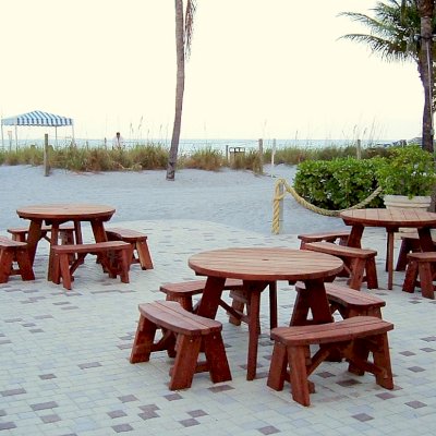 Sunset in the Florida Keys: Round Wooden Picnic Tables (Detached Benches) (Options: 4' diameter, Unattached Benches, Old-Growth Redwood, Round Picnic Benches, Standard Tabletop, No Lazy Susan, Umbrella Hole & Plug, Transparent Premium Sealant).