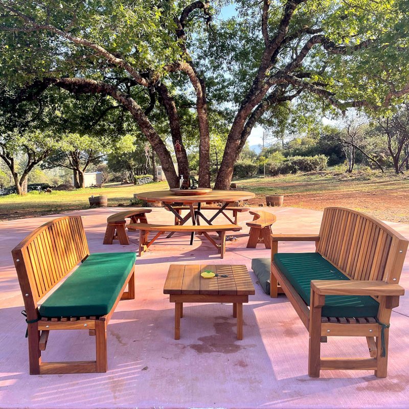 Round Wooden Picnic Tables (Detached Benches) with Custom Steel Pedestal Leg Design (Options: 7' diameter, California Redwood, Arc Picnic Bench, Standard Tabletop, with Lazy Susan, No Umbrella Hole, Transparent Premium Sealant). Photo Also Shows 2 Moonlight Benches and a Square Side Table. Photo Courtesy of Alex P. of Lower Lake, CA. Round Wooden Picnic Tables (Detached Benches) with Custom Steel Pedestal Leg Design (Options: 7' diameter, California Redwood, Arc Picnic Bench, Standard Tabletop, with Lazy Susan, No Umbrella Hole, Transparent Premium Sealant). Photo Also Shows 2 Moonlight Benches and a Square Side Table. Photo Courtesy of Alex P. of Lower Lake, CA.
