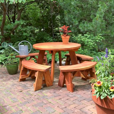 Round Wooden Picnic Table With Detached, Wooden Picnic Tables With Detached Benches