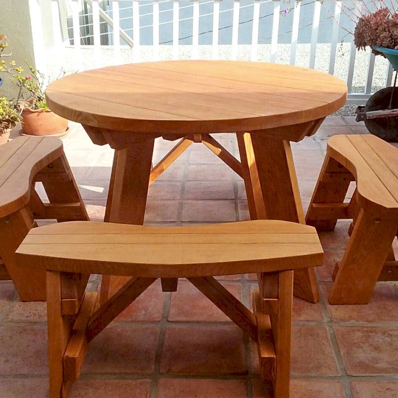 Round Wooden Picnic Table With Detached Benches