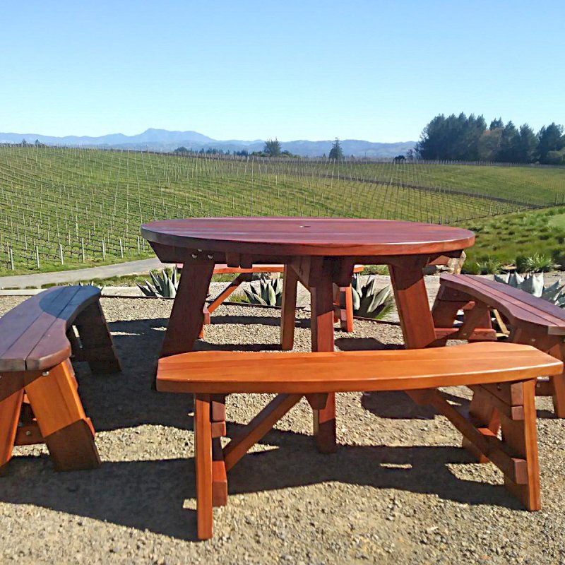 Round Wooden Picnic Tables (Detached Benches) (Options: 5' diameter, Unattached Benches, California Redwood, Round Picnic Bench, Standard Tabletop, No Lazy Susan, 2" Umbrella Hole, Transparent Premium Sealant). Photo Courtesy of C. Bailey of Sebastopol, CA. Round Wooden Picnic Tables (Detached Benches) (Options: 5' diameter, Unattached Benches, California Redwood, Round Picnic Bench, Standard Tabletop, No Lazy Susan, 2" Umbrella Hole, Transparent Premium Sealant). Photo Courtesy of C. Bailey of Sebastopol, CA.