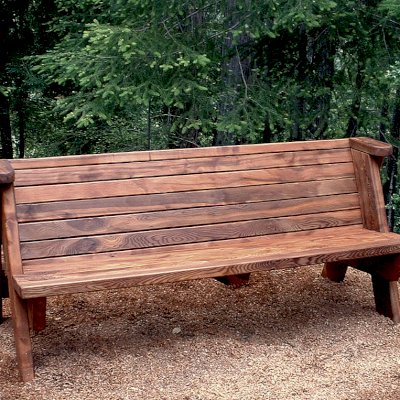 Rustic Redwood Bench (Options: 6 ft, Old-Growth Redwood, No Cushion, No Engraving, Transparent Premium Sealant). Shows original design for backrest without opening near seat. If you prefer this detail, please just mention it in the comment box at checkout.