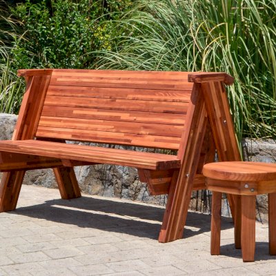 Rustic Redwood Bench (Options: 5 ft, Mosaic Redwood, No Cushion, No Engraving, Transparent Premium Sealant) and Round Side Table in Redwood. 