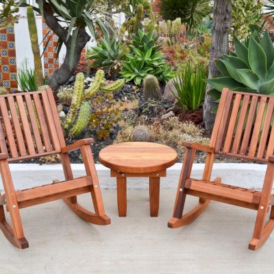 Ruth Redwood Rocker (Options: Standard Width, Deep, Mature Redwood, Transparent Premium Sealant) and Ashley Side Table.