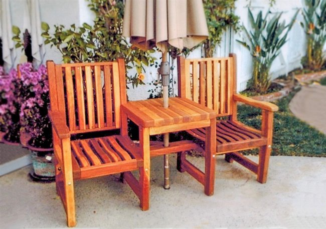 Ruth Vignette Settee (Options: Redwood, Slightly Rounded Corners, Umbrella Hole, No Custom Cushion, Transparent Premium Sealant). Ruth Vignette Settee (Options: Redwood, Slightly Rounded Corners, Umbrella Hole, No Custom Cushion, Transparent Premium Sealant).