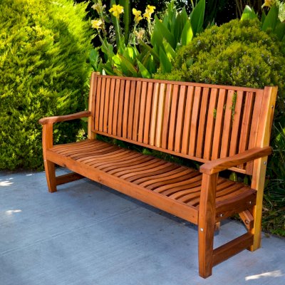 Ruth Wooden Bench (Options: 6 ft, Redwood, No Cushion, No Engraving, Transparent Premium Sealant).