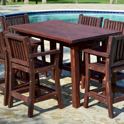 San Francisco Large Outdoor Cocktail Table (Options: 6ft Length, 31 1/2 inches wide, Cocktail Bar Stools, Redwood, Table Height 44 inch height, 6 Stools, No Swivel, No Cushions, Standard Tabletop, Squared Corners, No Umbrella Hole, Coffee-Stain Premium Sealant).