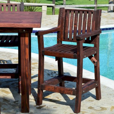 San Francisco Large Outdoor Cocktail Table (Options: 6ft Length, 31 1/2 inches wide, Cocktail Bar Stools, Redwood, Table Height 44 inch height, 6 Stools, No Swivel, No Cushions, Standard Tabletop, Squared Corners, No Umbrella Hole, Coffee-Stain Premium Sealant).