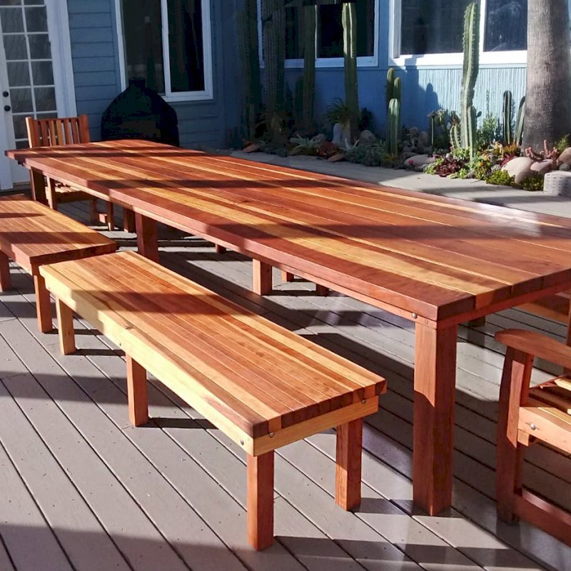 San Francisco Redwood Patio Table (Options: 16' L, 48" W Tabletop, California Redwood, Side Benches & End Chairs, Classic Picnic Benches, Ruth Chairs, Standard Tabletop, Squared Corners, 2 Half Length Benches Per Side, No Umbrella Hole, Transparent Premium Sealant). Photo Courtesy of K. Butler of Malibu, CA. San Francisco Redwood Patio Table (Options: 16' L, 48" W Tabletop, California Redwood, Side Benches & End Chairs, Classic Picnic Benches, Ruth Chairs, Standard Tabletop, Squared Corners, 2 Half Length Benches Per Side, No Umbrella Hole, Transparent Premium Sealant). Photo Courtesy of K. Butler of Malibu, CA.