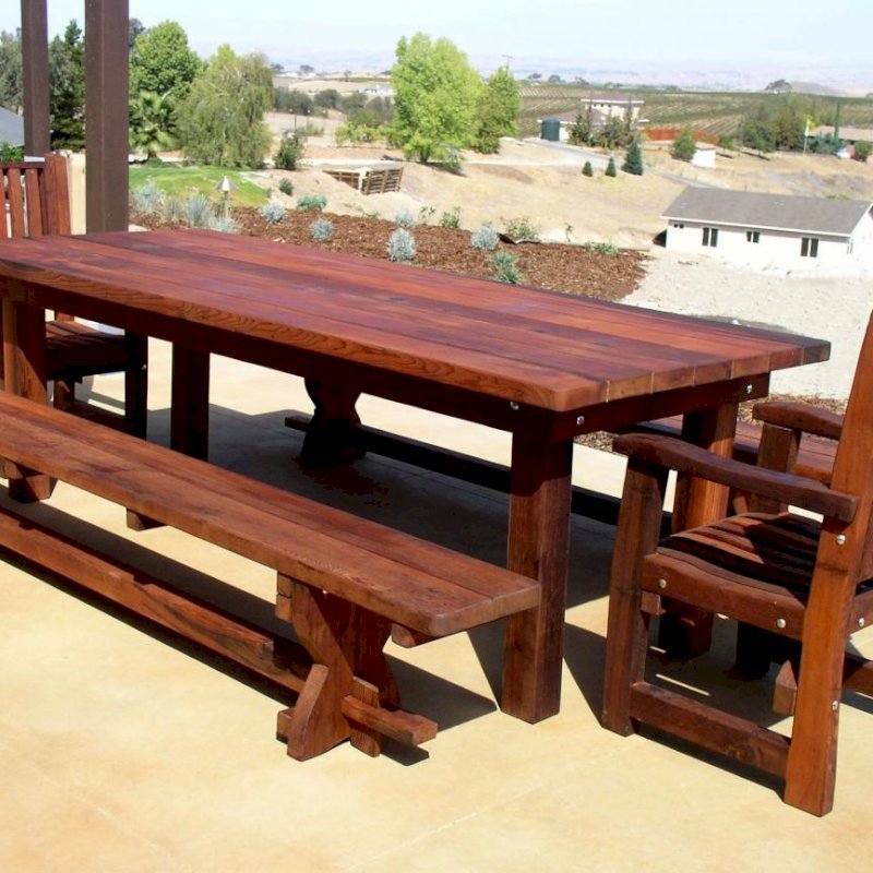 San Francisco Redwood Patio Table (Options: 8' L, 34 1/2" W Tabletop, Benches & End Armchairs , Old-Growth Redwood, Ruth Chairs, No Cushions, Trestle Benches, 1 Full Length Benches Per Side, Standard Tabletop, Rounded Corners, No Umbrella Hole, Transparent Premium Sealant). San Francisco Redwood Patio Table (Options: 8' L, 34 1/2" W Tabletop, Benches & End Armchairs , Old-Growth Redwood, Ruth Chairs, No Cushions, Trestle Benches, 1 Full Length Benches Per Side, Standard Tabletop, Rounded Corners, No Umbrella Hole, Transparent Premium Sealant).