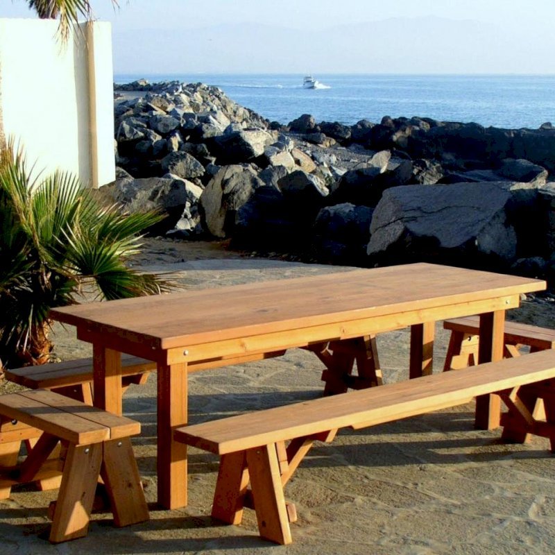 San Francisco Redwood Patio Table (Options: 8' L, 34 1/2" W Tabletop, Side and End Benches, Douglas-fir, Classic Picnic Benches, 1 Full Length Benches Per side, Standard Tabletop, Squared Corners, No Umbrella Hole, Transparent Premium Sealant). San Francisco Redwood Patio Table (Options: 8' L, 34 1/2" W Tabletop, Side and End Benches, Douglas-fir, Classic Picnic Benches, 1 Full Length Benches Per side, Standard Tabletop, Squared Corners, No Umbrella Hole, Transparent Premium Sealant).