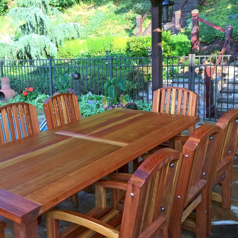 San Francisco Redwood Patio Table (Options: 8' L, 40 1/4" W Tabletop, Chairs, California Redwood, 8 Chairs, Luna Chair Design, All Arm Chairs, No Cushions, Old Country Tabletop, Standard, Rounded Corners, No Umbrella Hole, Transparent Premium Sealant). Photo Courtesy of B. Andersen of Hasbrouck Heights, New Jersey. San Francisco Redwood Patio Table (Options: 8' L, 40 1/4" W Tabletop, Chairs, California Redwood, 8 Chairs, Luna Chair Design, All Arm Chairs, No Cushions, Old Country Tabletop, Standard, Rounded Corners, No Umbrella Hole, Transparent Premium Sealant). Photo Courtesy of B. Andersen of Hasbrouck Heights, New Jersey.