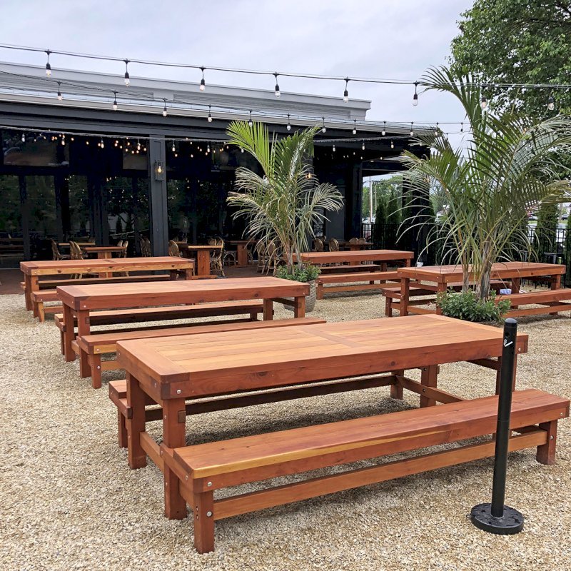 Custom San Francisco Redwood Patio Table (Options: 8' L, 40 1/4" W Tabletop, Attached Benches Per Custom Request, California Redwood, Old-Country Tabletop, Rounded Corners, No Umbrella Hole, Transparent Premium Sealant). Photo Courtesy of B. Fonfiglio of Freehold, New Jersey. Custom San Francisco Redwood Patio Table (Options: 8' L, 40 1/4" W Tabletop, Attached Benches Per Custom Request, California Redwood, Old-Country Tabletop, Rounded Corners, No Umbrella Hole, Transparent Premium Sealant). Photo Courtesy of B. Fonfiglio of Freehold, New Jersey.