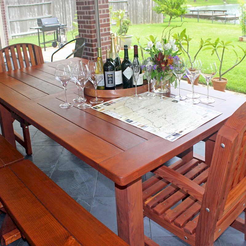 San Francisco Redwood Patio Table (Options: 7' L, 46" W Tabletop, Mature Redwood, Side Benches & End Chairs, Trestle Bench, Luna Chairs, Old Country Tabletop, Standard, Rounded Corners, 2 Half Length Benches Per Side, No Umbrella Hole, Transparent Premium Sealant). Photo Courtesy of D. Barry of Houston, Texas. San Francisco Redwood Patio Table (Options: 7' L, 46" W Tabletop, Mature Redwood, Side Benches & End Chairs, Trestle Bench, Luna Chairs, Old Country Tabletop, Standard, Rounded Corners, 2 Half Length Benches Per Side, No Umbrella Hole, Transparent Premium Sealant). Photo Courtesy of D. Barry of Houston, Texas.