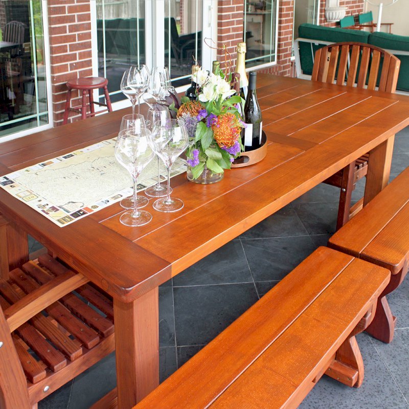 San Francisco Redwood Patio Table (Options: 7' L, 46" W Tabletop, Mature Redwood, Side Benches & End Chairs, Trestle Bench, Luna Chairs, Old Country Tabletop, Standard, Rounded Corners, 2 Half Length Benches Per Side, No Umbrella Hole, Transparent Premium Sealant). Photo Courtesy of D. Barry of Houston, Texas. San Francisco Redwood Patio Table (Options: 7' L, 46" W Tabletop, Mature Redwood, Side Benches & End Chairs, Trestle Bench, Luna Chairs, Old Country Tabletop, Standard, Rounded Corners, 2 Half Length Benches Per Side, No Umbrella Hole, Transparent Premium Sealant). Photo Courtesy of D. Barry of Houston, Texas.
