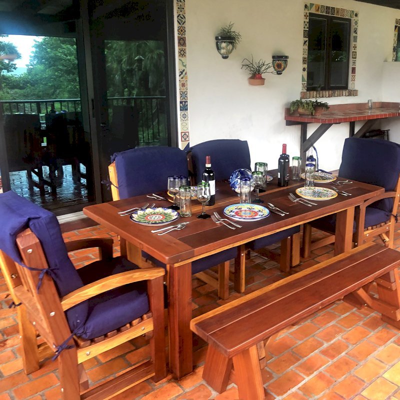 San Francisco Redwood Patio Table (Options: 6' L, 36" W Tabletop, Luna Chairs, California Redwood, End Chairs + 2 Side Chairs + 1 Full Legth Picnic Bench, Old-Country Tabletop - Standard, Slightly Rounded Corners, No Umbrella Hole, Transparent Premium Sealant). Photo Courtesy of D. Leman of Indian River Shores, Florida. San Francisco Redwood Patio Table (Options: 6' L, 36" W Tabletop, Luna Chairs, California Redwood, End Chairs + 2 Side Chairs + 1 Full Legth Picnic Bench, Old-Country Tabletop - Standard, Slightly Rounded Corners, No Umbrella Hole, Transparent Premium Sealant). Photo Courtesy of D. Leman of Indian River Shores, Florida.