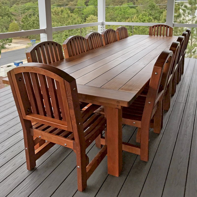 San Francisco Redwood Patio Table (Options: 12' L, 48" W Tabletop, Chairs, Mature Redwood, 12 Chairs, Luna Chair Design, 2 Armchairs & Side Chairs, No Cushions, Old Country Tabletop, Standard , Slightly Rounded Corners, No Umbrella Hole, Transparent Premium Sealant). Photo Courtesy of John Eklund of Bethany Beach, Delaware. San Francisco Redwood Patio Table (Options: 12' L, 48" W Tabletop, Chairs, Mature Redwood, 12 Chairs, Luna Chair Design, 2 Armchairs & Side Chairs, No Cushions, Old Country Tabletop, Standard , Slightly Rounded Corners, No Umbrella Hole, Transparent Premium Sealant). Photo Courtesy of John Eklund of Bethany Beach, Delaware.