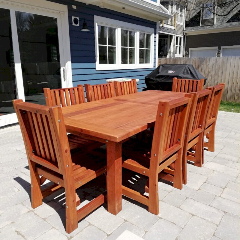 San Francisco Patio Table (Options: 8' L, 48" W Tabletop, Chairs, Mature Redwood, 8 Chairs, Ruth Chair Design, All Side Chairs, No Cushions, Old Country Tabletop, Standard, Slightly Rounded Corners, No Umbrella Hole, Transparent Premium Sealant). Photo Courtesy of K. Pickett of Naperville, Illinois. San Francisco Patio Table (Options: 8' L, 48" W Tabletop, Chairs, Mature Redwood, 8 Chairs, Ruth Chair Design, All Side Chairs, No Cushions, Old Country Tabletop, Standard, Slightly Rounded Corners, No Umbrella Hole, Transparent Premium Sealant). Photo Courtesy of K. Pickett of Naperville, Illinois.