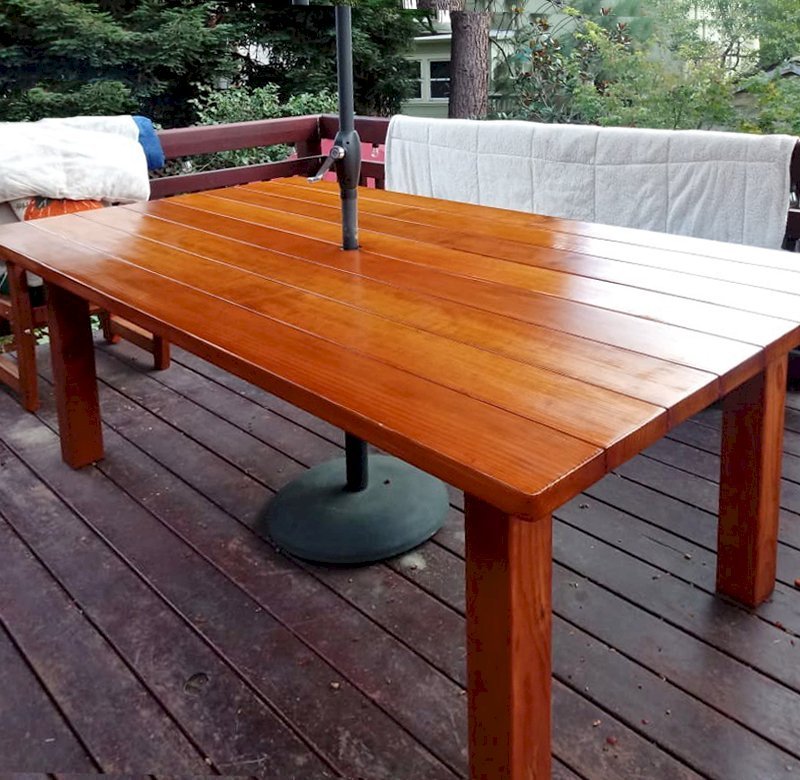 San Francisco Redwood Patio Table. This is how a tabletop looks about an hour after resealing (dry to the touch in 6 hours). Photo Courtesy of M. Colbruno of Oakland, CA. San Francisco Redwood Patio Table. This is how a tabletop looks about an hour after resealing (dry to the touch in 6 hours). Photo Courtesy of M. Colbruno of Oakland, CA.