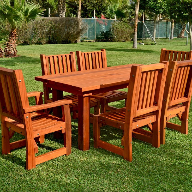 San Francisco Redwood Patio Table (Options: 6' L, 34 1/2" W Tabletop, Chairs, California Redwood, 6 Chairs, Ruth Chair Design, 2 Armchairs + Side Chairs, No Cushions, Standard Tabletop, Square Corners, No Umbrella Hole, Transparent Premium Sealant). San Francisco Redwood Patio Table (Options: 6' L, 34 1/2" W Tabletop, Chairs, California Redwood, 6 Chairs, Ruth Chair Design, 2 Armchairs + Side Chairs, No Cushions, Standard Tabletop, Square Corners, No Umbrella Hole, Transparent Premium Sealant).