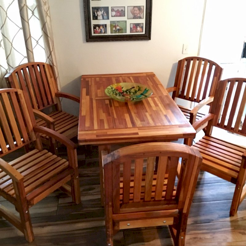 San Francisco Redwood Patio Table (Options: 5' L, 36" W Tabletop, Mosaic Eco-Wood, Chairs, Luna Chairs, Old Country Tabletop, Seamless, Rounded Corners, No Umbrella Hole, Transparent Premium Sealant). Photo Courtesy of R. Bly of Fontana, CA. San Francisco Redwood Patio Table (Options: 5' L, 36" W Tabletop, Mosaic Eco-Wood, Chairs, Luna Chairs, Old Country Tabletop, Seamless, Rounded Corners, No Umbrella Hole, Transparent Premium Sealant). Photo Courtesy of R. Bly of Fontana, CA.