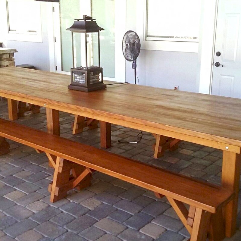 San Francisco Redwood Patio Table (Options: 14' L, 46" W Tabletop, Old-Growth Redwood, Side Benches, Classic Picnic Benches, Seamless Tabletop, Slightly Rounded Corners, No Umbrella Hole, Transparent Premium Sealant). Photo Courtesy of M. Longwood of Longwood, FL. San Francisco Redwood Patio Table (Options: 14' L, 46" W Tabletop, Old-Growth Redwood, Side Benches, Classic Picnic Benches, Seamless Tabletop, Slightly Rounded Corners, No Umbrella Hole, Transparent Premium Sealant). Photo Courtesy of M. Longwood of Longwood, FL.