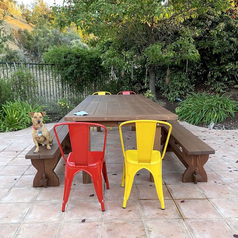 San Francisco Redwood Patio Table (Options: 10' L, 48" W Tabletop, California Redwood, Side Benches, 2 Half Length Benches Per Side, Trestle Bench Style, Old Country Tabletop, Standard, Slightly Rounded Corners, 2" Umbrella Hole, Coffee-Stain Premium Sealant). Photo Courtesy of L. White of Castro Valley, CA. San Francisco Redwood Patio Table (Options: 10' L, 48" W Tabletop, California Redwood, Side Benches, 2 Half Length Benches Per Side, Trestle Bench Style, Old Country Tabletop, Standard, Slightly Rounded Corners, 2" Umbrella Hole, Coffee-Stain Premium Sealant). Photo Courtesy of L. White of Castro Valley, CA.