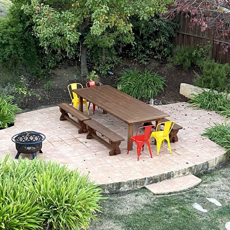 San Francisco Redwood Patio Table (Options: 10' L, 48" W Tabletop, California Redwood, Side Benches, 2 Half Length Benches Per Side, Trestle Bench Style, Old Country Tabletop, Standard, Slightly Rounded Corners, 2" Umbrella Hole, Coffee-Stain Premium Sealant). Photo Courtesy of L. White of Castro Valley, CA. San Francisco Redwood Patio Table (Options: 10' L, 48" W Tabletop, California Redwood, Side Benches, 2 Half Length Benches Per Side, Trestle Bench Style, Old Country Tabletop, Standard, Slightly Rounded Corners, 2" Umbrella Hole, Coffee-Stain Premium Sealant). Photo Courtesy of L. White of Castro Valley, CA.