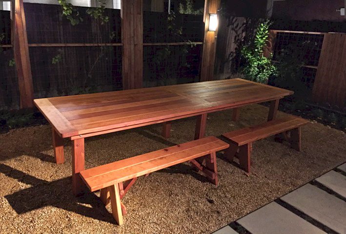 San Francisco Redwood Patio Table (Options: 12' L, 46" W Tabletop, Side Benches, California Redwood, Classic Picnic Benches, 2 Half Leggth Benches Per Side, Old-Country Tabletop - Standard, Rounded Corners, No Umbrella Hole, Transparent Premium Sealant). Photo Courtesy of Steve Carlson of Playa del Rey, CA. San Francisco Redwood Patio Table (Options: 12' L, 46" W Tabletop, Side Benches, California Redwood, Classic Picnic Benches, 2 Half Leggth Benches Per Side, Old-Country Tabletop - Standard, Rounded Corners, No Umbrella Hole, Transparent Premium Sealant). Photo Courtesy of Steve Carlson of Playa del Rey, CA.