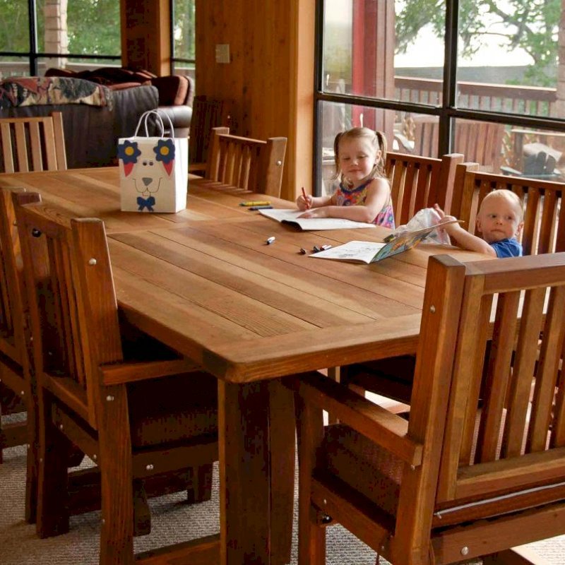 San Francisco Redwood Patio Table (Options: 10 ft, 46" W Tabletop, Chairs, California Redwood, 8 Chairs, Ruth, All Arm Chairs, 8 Custom Color Cushions, Old Country Tabletop - Standard, Rounded Corners, No Umbrella Hole, Transparent Premium Sealant). Photo Courtesy of Jennifer C. of Livingston, TX San Francisco Redwood Patio Table (Options: 10 ft, 46" W Tabletop, Chairs, California Redwood, 8 Chairs, Ruth, All Arm Chairs, 8 Custom Color Cushions, Old Country Tabletop - Standard, Rounded Corners, No Umbrella Hole, Transparent Premium Sealant). Photo Courtesy of Jennifer C. of Livingston, TX