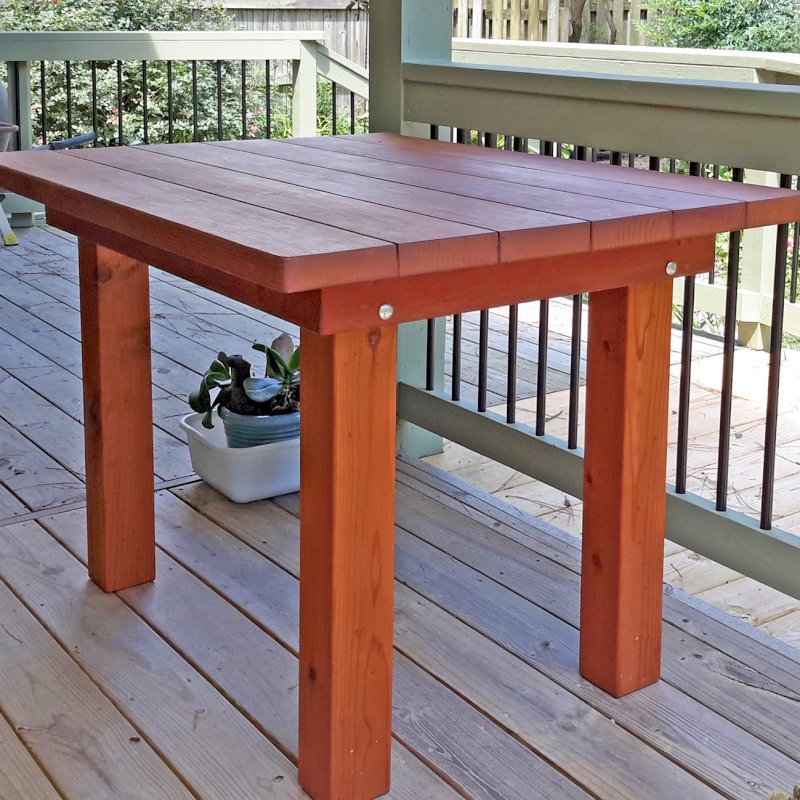 San Francisco Redwood Patio Table (Options: 4' L, 34 1/2" W Tabletop, Mature Redwood, No Seating, Standard Tabletop, Slightly Rounded Corners, No Umbrella Hole, Transparent Premium Sealant). Photo Courtesy of L. Moran of Virginia Beach, VA. San Francisco Redwood Patio Table (Options: 4' L, 34 1/2" W Tabletop, Mature Redwood, No Seating, Standard Tabletop, Slightly Rounded Corners, No Umbrella Hole, Transparent Premium Sealant). Photo Courtesy of L. Moran of Virginia Beach, VA.