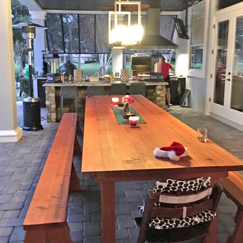 San Francisco Redwood Patio Table (Options: 14' L, 46" W Tabletop, Old-Growth Redwood, Side Benches, Classic Picnic Benches, Seamless Tabletop, Slightly Rounded Corners, No Umbrella Hole, Transparent Premium Sealant). Photo Courtesy of M. Pat Burke of Longwood, FL. San Francisco Redwood Patio Table (Options: 14' L, 46" W Tabletop, Old-Growth Redwood, Side Benches, Classic Picnic Benches, Seamless Tabletop, Slightly Rounded Corners, No Umbrella Hole, Transparent Premium Sealant). Photo Courtesy of M. Pat Burke of Longwood, FL.