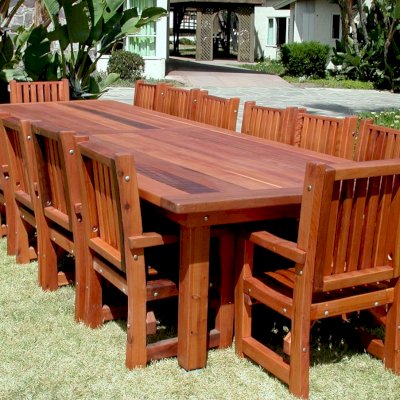 San Francisco Redwood Patio Table (Options: 14' L, 57 1/2" W Tabletop, Chairs, Old-Growth Redwood, 14 Chairs, Ruth, All Arm Chairs, No Cushions, Old-Country Tabletop, Squared Corners, No Umbrella Hole, Transparent Premium Sealant).