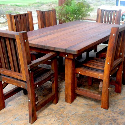 San Francisco Redwood Patio Table (Options: 8' L, 46" W Tabletop, Chairs, Old-Growth Redwood, 6 Chairs, Ruth Chair Design, 2 Armchairs & Side Chairs, No Cushions, Standard Tabletop, Rounded Corners, Umbrella Hole, Transparent Premium Sealant).