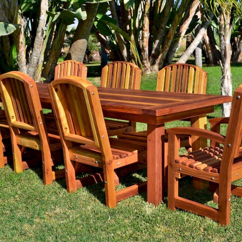 San Francisco Redwood Patio Table (Options: 10' L, 34 1/2" W Tabletop, Chairs, California Redwood, 8 Chairs, Ruth, 2 Armchairs + Side Chairs, No Cushions, Old-Country Tabletop - Standard, Squared Corners, No Umbrella Hole, Transparent Premium Sealant). San Francisco Redwood Patio Table (Options: 10' L, 34 1/2" W Tabletop, Chairs, California Redwood, 8 Chairs, Ruth, 2 Armchairs + Side Chairs, No Cushions, Old-Country Tabletop - Standard, Squared Corners, No Umbrella Hole, Transparent Premium Sealant).