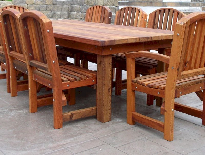 San Francisco Redwood Patio Table (Options: 8' L, 46" W Tabletop, Chairs, Mature Redwood, 8 Chairs, Luna Chair Design, 2 Armchairs & Side Chairs, No Cushions, Standard Tabletop, Rounded Corners, No Umbrella Hole, Transparent Premium Sealant). San Francisco Redwood Patio Table (Options: 8' L, 46" W Tabletop, Chairs, Mature Redwood, 8 Chairs, Luna Chair Design, 2 Armchairs & Side Chairs, No Cushions, Standard Tabletop, Rounded Corners, No Umbrella Hole, Transparent Premium Sealant).