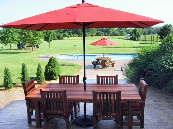 San Francisco Redwood Patio Table (Options: 8' L, 46" W Tabletop, Chairs, Old-Growth Redwood, 6 Chairs, Ruth Chair Design, 2 Armchairs & Side Chairs, No Cushions, Standard Tabletop, Rounded Corners, Umbrella Hole, Transparent Premium Sealant). San Francisco Redwood Patio Table (Options: 8' L, 46" W Tabletop, Chairs, Old-Growth Redwood, 6 Chairs, Ruth Chair Design, 2 Armchairs & Side Chairs, No Cushions, Standard Tabletop, Rounded Corners, Umbrella Hole, Transparent Premium Sealant).