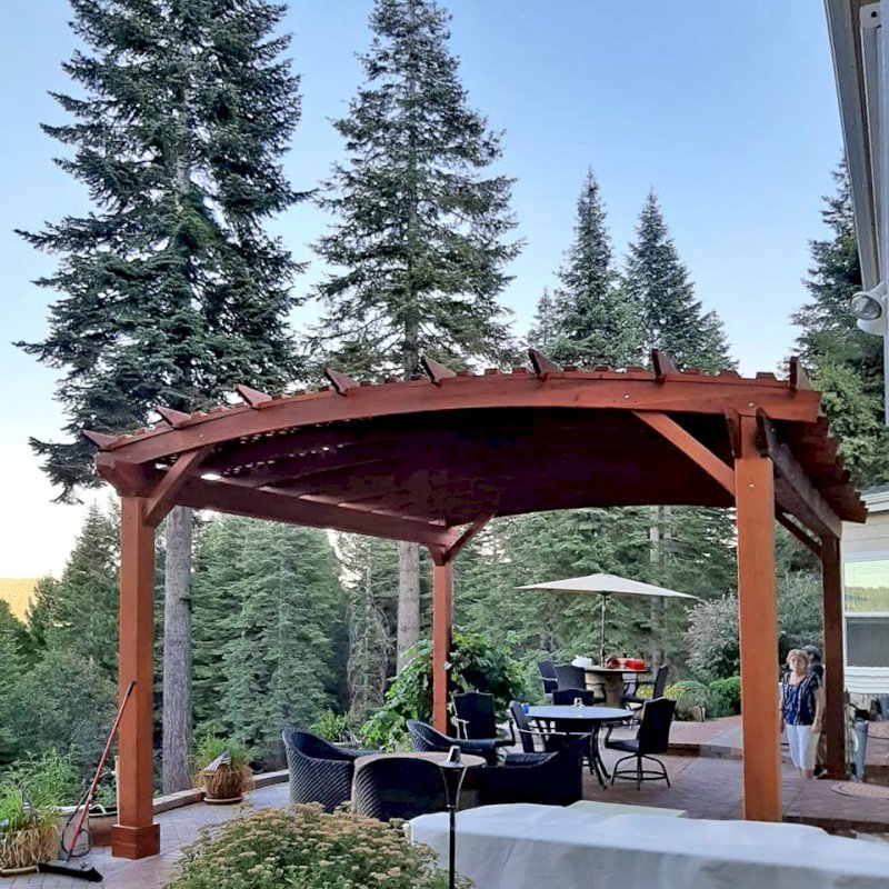 Custom Sebastopol Pergolas (Options: 20' L x 18' Arc W, California Redwood, 4-Post Anchor Kit for Concrete, with Lattice Panels by Custom Request, No Ceiling Fan Base, 10' H Posts, Transparent Premium Sealant). Photo Courtesy of E. Greenwood of Nevada City, California. Custom Sebastopol Pergolas (Options: 20' L x 18' Arc W, California Redwood, 4-Post Anchor Kit for Concrete, with Lattice Panels by Custom Request, No Ceiling Fan Base, 10' H Posts, Transparent Premium Sealant). Photo Courtesy of E. Greenwood of Nevada City, California.