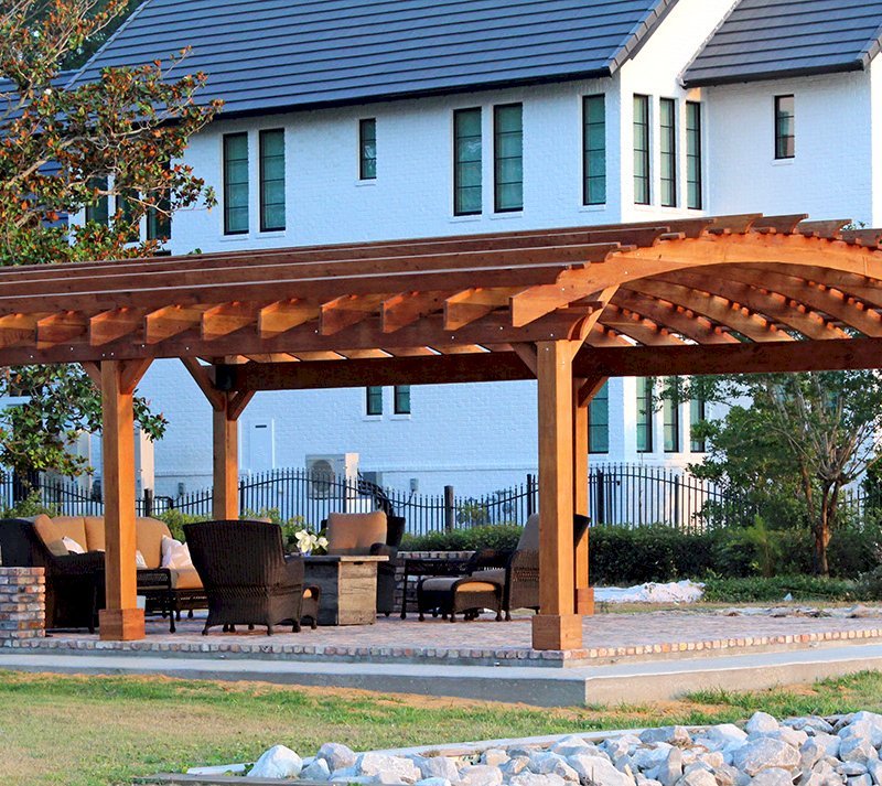 Sebastopol Pergolas (Options: 32' L x 24' Arc W, California Redwood, 6-Post Anchor Kit for Hurricane, No Ceiling Fan Base, Transparent Premium Sealant). Photo Courtesy of J. Graves of Santa Rosa Beach, Florida. Sebastopol Pergolas (Options: 32' L x 24' Arc W, California Redwood, 6-Post Anchor Kit for Hurricane, No Ceiling Fan Base, Transparent Premium Sealant). Photo Courtesy of J. Graves of Santa Rosa Beach, Florida.