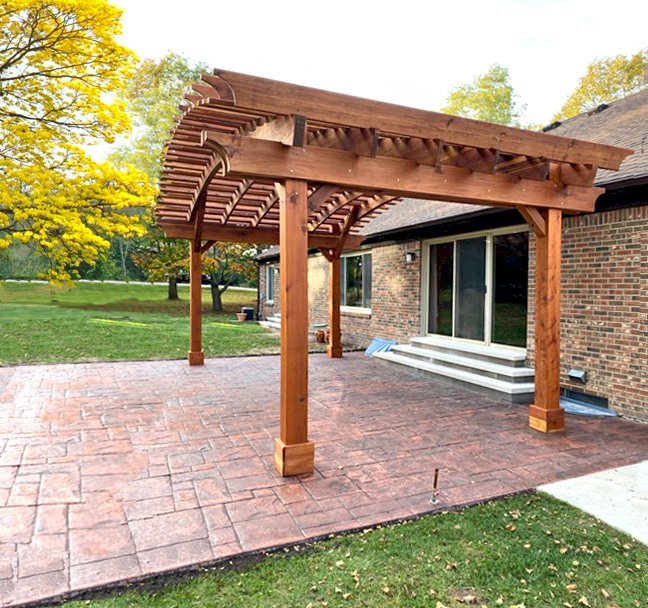 Sebastopol Pergolas (Options: 24' L x 14' Arc W, California Redwood, 4-Post Anchor Kit for Gale-Wind, with a Ceiling Fan Base, Transparent Premium Sealant). Photo Courtesy of M. Dorbeck of Brighton, Michigan. Sebastopol Pergolas (Options: 24' L x 14' Arc W, California Redwood, 4-Post Anchor Kit for Gale-Wind, with a Ceiling Fan Base, Transparent Premium Sealant). Photo Courtesy of M. Dorbeck of Brighton, Michigan.