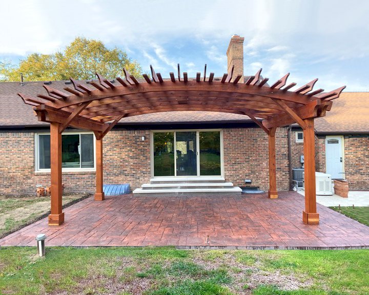 Sebastopol Pergolas (Options: 24' L x 14' Arc W, California Redwood, 4-Post Anchor Kit for Gale-Wind, with a Ceiling Fan Base, Transparent Premium Sealant). Photo Courtesy of M. Dorbeck of Brighton, Michigan. Sebastopol Pergolas (Options: 24' L x 14' Arc W, California Redwood, 4-Post Anchor Kit for Gale-Wind, with a Ceiling Fan Base, Transparent Premium Sealant). Photo Courtesy of M. Dorbeck of Brighton, Michigan.