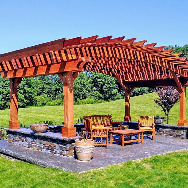Sebastopol Pergolas (Options: 14' L x 22' Arc W, California Redwood, Transparent Premium Sealant). Photo Courtesy of Peter King of Shaftsbury, Vermont. Sebastopol Pergolas (Options: 14' L x 22' Arc W, California Redwood, Transparent Premium Sealant). Photo Courtesy of Peter King of Shaftsbury, Vermont.