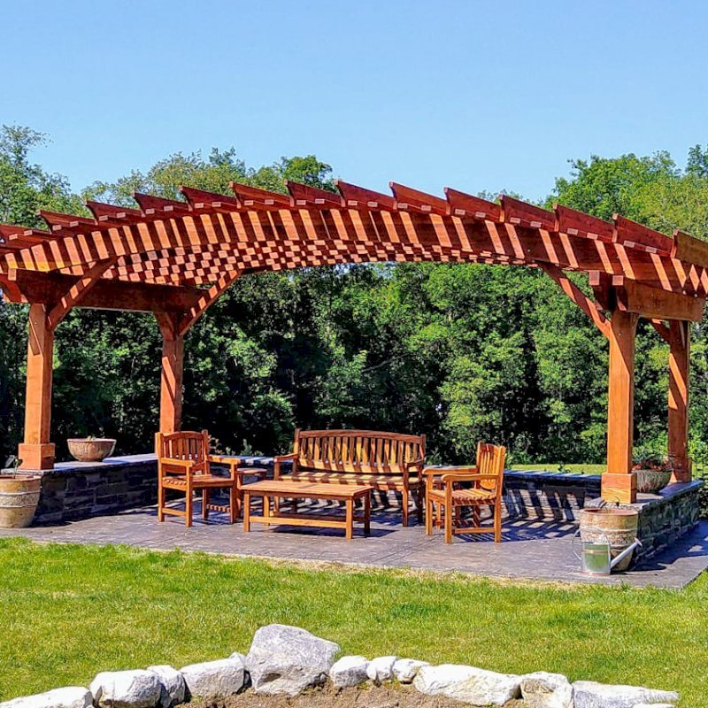 Sebastopol Pergolas (Options: 14' L x 22' Arc W, California Redwood, Transparent Premium Sealant). Photo Courtesy of Peter King of Shaftsbury, Vermont. Sebastopol Pergolas (Options: 14' L x 22' Arc W, California Redwood, Transparent Premium Sealant). Photo Courtesy of Peter King of Shaftsbury, Vermont.