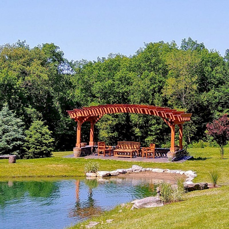 Sebastopol Pergolas (Options: 14' L x 22' Arc W, California Redwood, Transparent Premium Sealant). Photo Courtesy of Peter King of Shaftsbury, Vermont. Sebastopol Pergolas (Options: 14' L x 22' Arc W, California Redwood, Transparent Premium Sealant). Photo Courtesy of Peter King of Shaftsbury, Vermont.