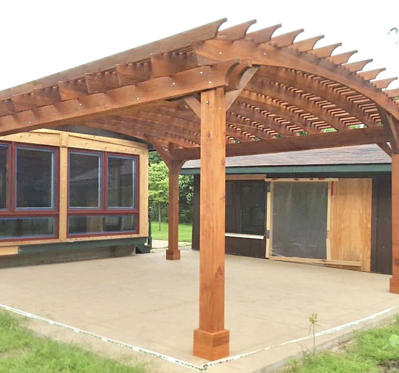 Sebastopol Pergolas (Options: 21' L x 19' Arc W, Mature Redwood, 4-Post Anchor Kit for Gale-Wind, with a Ceiling Fan Base, Transparent Premium Sealant). Photo Courtesy of R. Erickson of Sawyer, Michigan. Sebastopol Pergolas (Options: 21' L x 19' Arc W, Mature Redwood, 4-Post Anchor Kit for Gale-Wind, with a Ceiling Fan Base, Transparent Premium Sealant). Photo Courtesy of R. Erickson of Sawyer, Michigan.