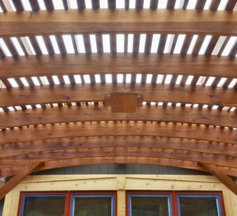 Sebastopol Pergolas (Options: 21' L x 19' Arc W, Mature Redwood, 4-Post Anchor Kit for Gale-Wind, with a Ceiling Fan Base, Transparent Premium Sealant). Photo Courtesy of R. Erickson of Sawyer, Michigan. Sebastopol Pergolas (Options: 21' L x 19' Arc W, Mature Redwood, 4-Post Anchor Kit for Gale-Wind, with a Ceiling Fan Base, Transparent Premium Sealant). Photo Courtesy of R. Erickson of Sawyer, Michigan.