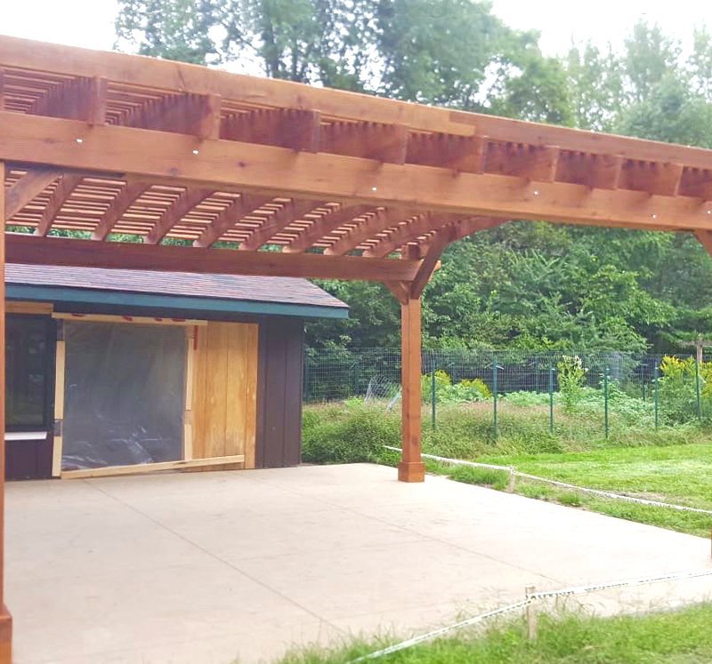 Sebastopol Pergolas (Options: 21' L x 19' Arc W, Mature Redwood, 4-Post Anchor Kit for Gale-Wind, with a Ceiling Fan Base, Transparent Premium Sealant). Photo Courtesy of R. Erickson of Sawyer, Michigan. Sebastopol Pergolas (Options: 21' L x 19' Arc W, Mature Redwood, 4-Post Anchor Kit for Gale-Wind, with a Ceiling Fan Base, Transparent Premium Sealant). Photo Courtesy of R. Erickson of Sawyer, Michigan.