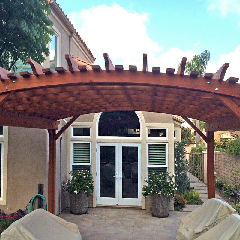 Sebastopol Pergolas (Options: 14' L x 24' Arc W, Mature Redwood, Transparent Premium Sealant). Photo Courtesy of M. Dorbeck of Brighton, Michigan. Sebastopol Pergolas (Options: 14' L x 24' Arc W, Mature Redwood, Transparent Premium Sealant). Photo Courtesy of M. Dorbeck of Brighton, Michigan.