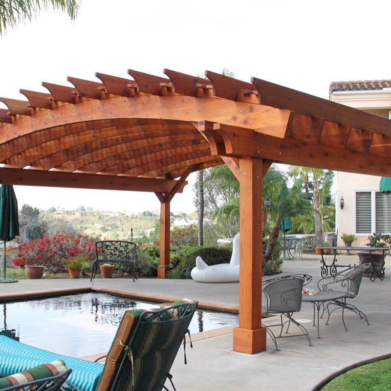Sebastopol Pergolas (Options: 26' L x 24' Arc W, Mature Redwood, Transparent Premium Sealant). Photo Courtesy of Ms. Diane Williams of Encinitas, CA. Photo shows extra large timber custom design with 8x8 posts and 2x10 arches, 26 ft long. Sebastopol Pergolas (Options: 26' L x 24' Arc W, Mature Redwood, Transparent Premium Sealant). Photo Courtesy of Ms. Diane Williams of Encinitas, CA. Photo shows extra large timber custom design with 8x8 posts and 2x10 arches, 26 ft long.